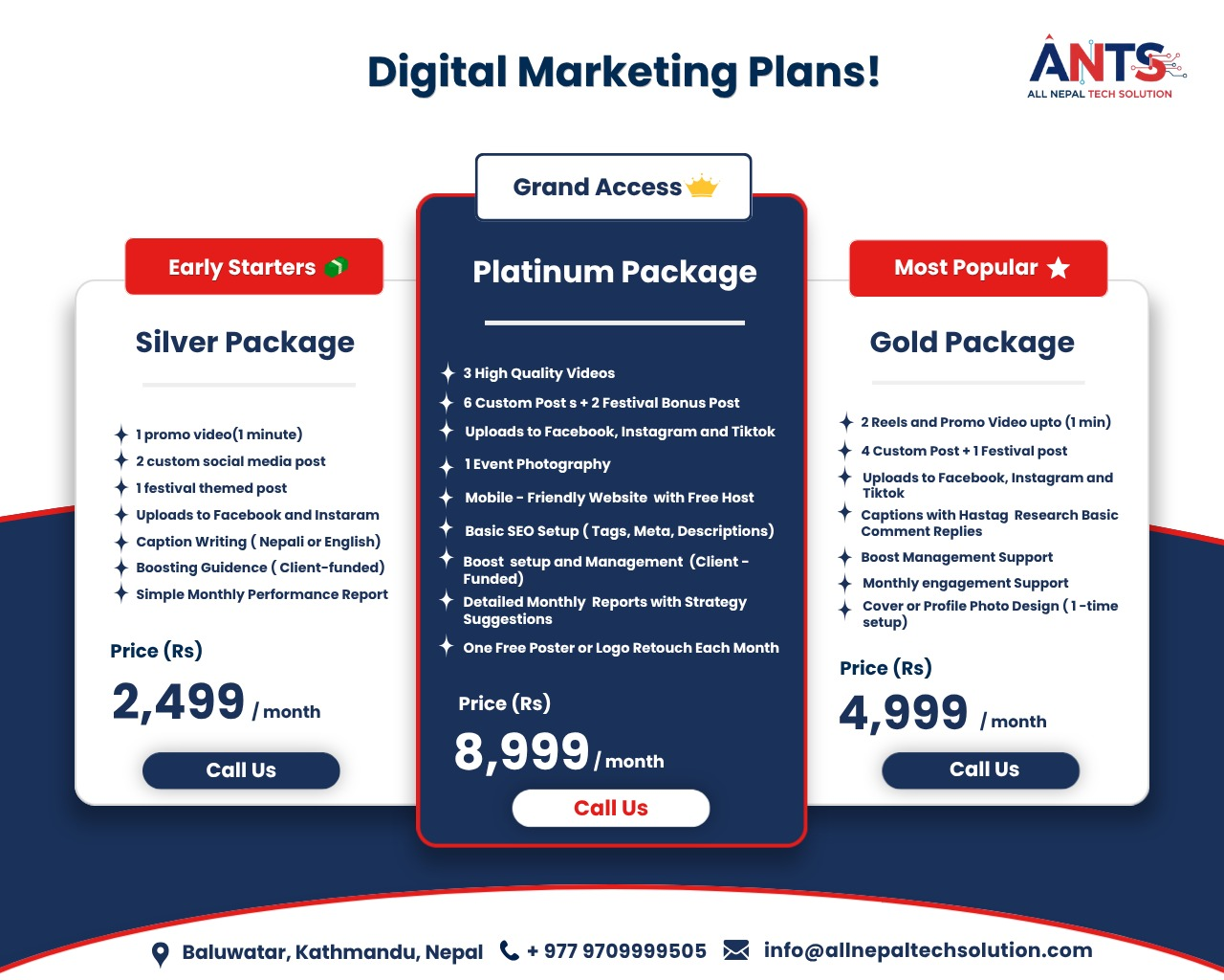 ANTS Digital Marketing Plans - Silver, Platinum & Gold Packages Pricing